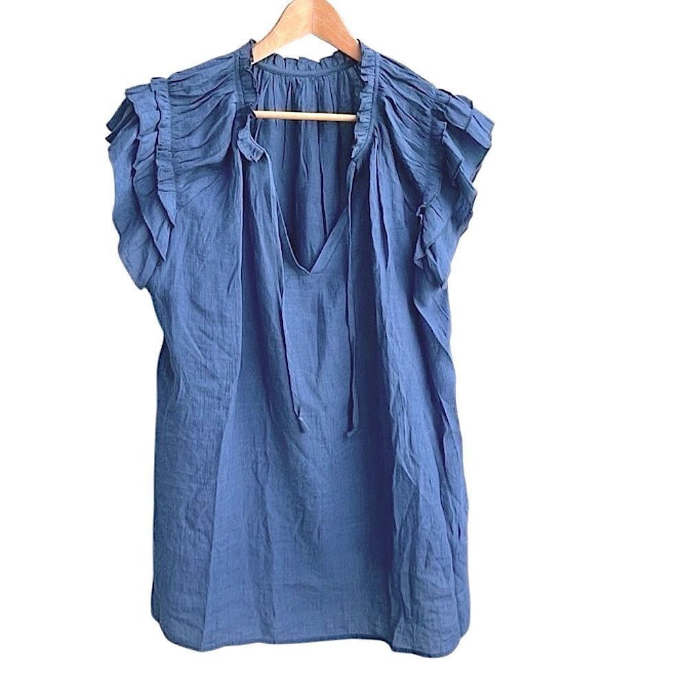 Dusty Blue Ruffle Cap Sleeve Tunic Top | Size XL